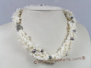 White Branch Coral, Keshi Pearls, Sterling Silver Clasp with